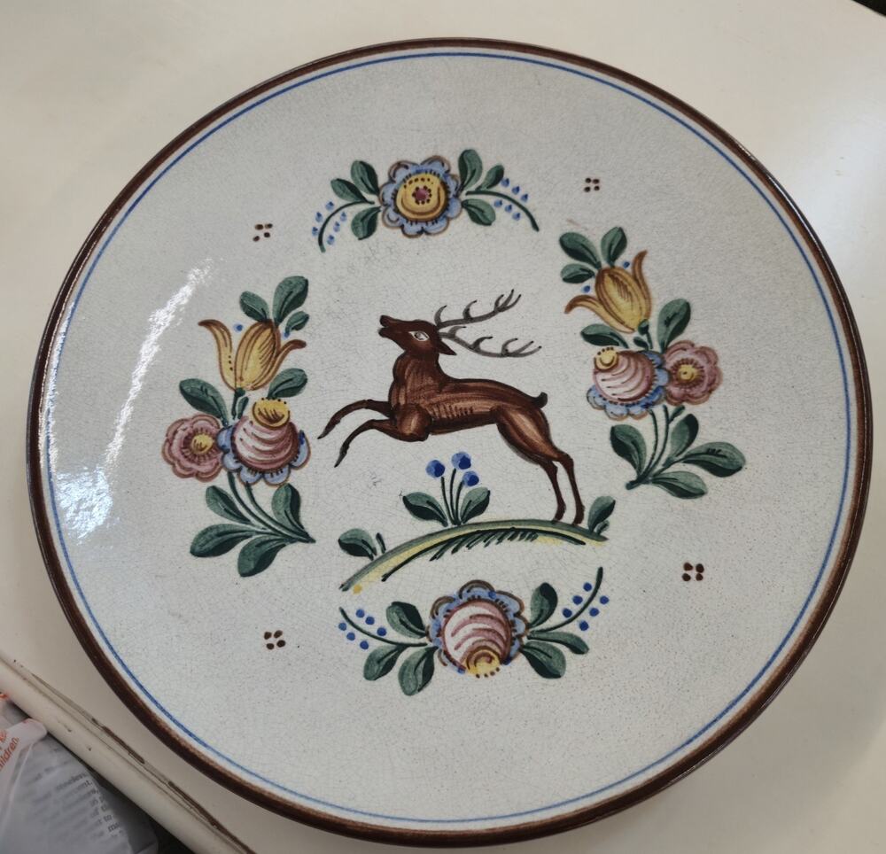 Vintage German Hand Painted Folk Art Deer Plate Hand-gedreht Gemalt